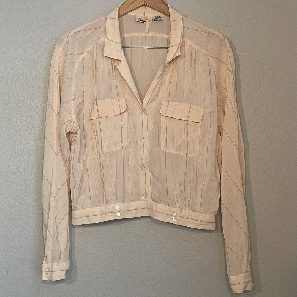 Liz Claiborne Size 12 Vintage 100% Silk Button Down Blouse Light Pink Striped